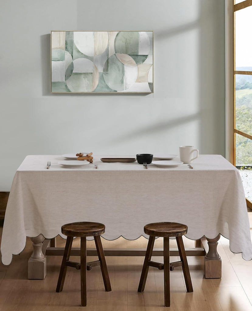 100% French Flax Linen Tablecloths Scalloped Embroidery Rectangle 120Lx60W Inch for Dinners, Parties