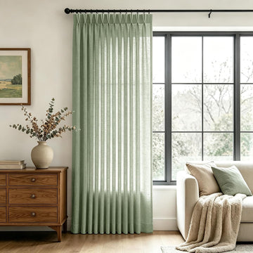 Privacy Pinch Pleated Linen Curtains W70xL102 Inch 1 Panel Bedroom Light Filtering Semi Sheer Sage Green Drapes Back