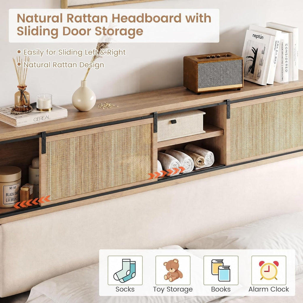 Queen Solid Wood Bed Frame with Storage Headboard, Rattan Upholstered Bookcase Headboard with Sliding Doors &