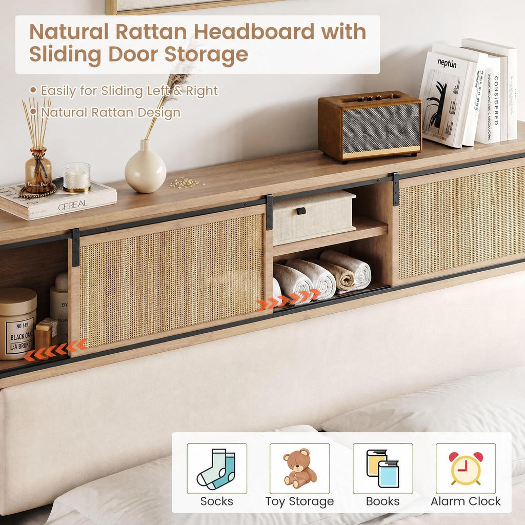 King Size Solid Wood Bed Frame with Bookcase Headboard, Platform Bed
