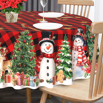 Round Christmas Tablecloth 70 Inch, Snowman Table Cloth Red Xmas Indoor Decorations Party