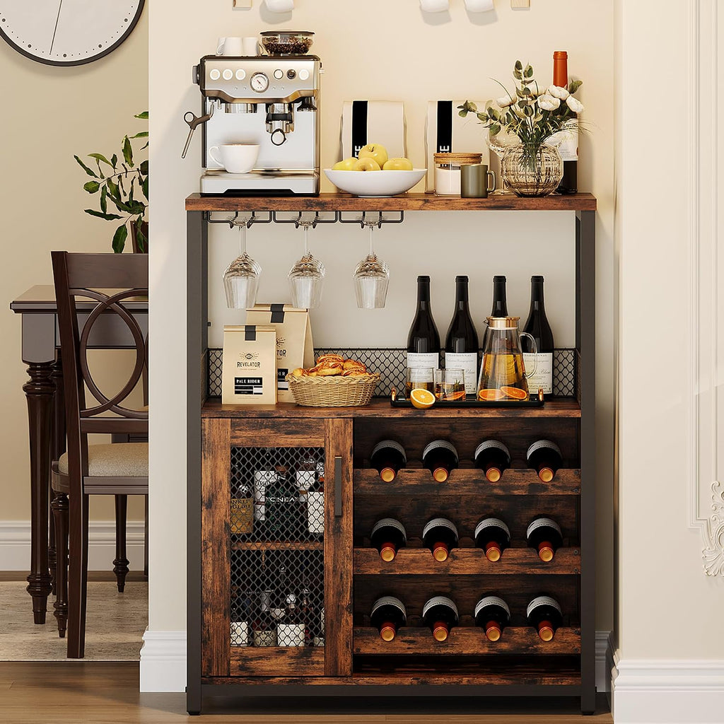 Wine Bar Rack Cabinet with LED Lights, Small Coffee Bar Cabinet | 36" Tall Liquor Bar Cabinet Kitchen Dinning Room