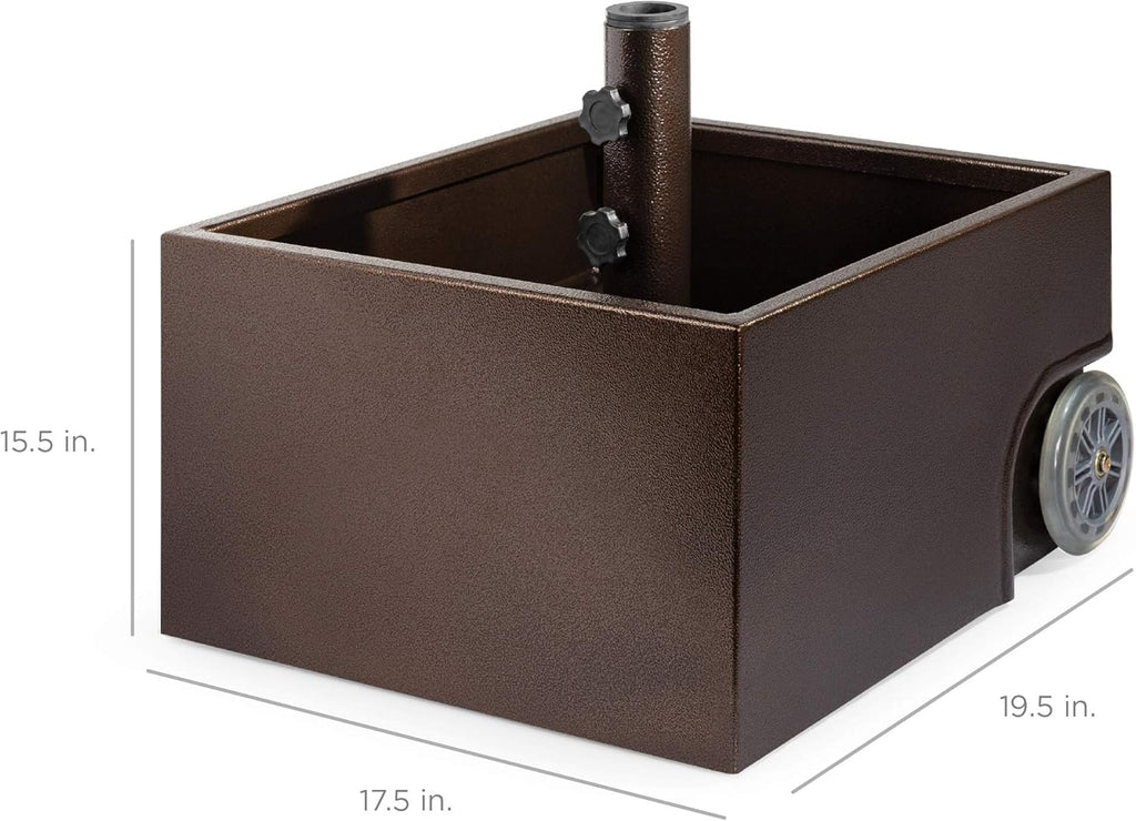 150lb Capacity Portable Steel Umbrella Base Stand w/Fillable Planter, Drainage, 2 Adjustment Knobs, Handle, Wheels