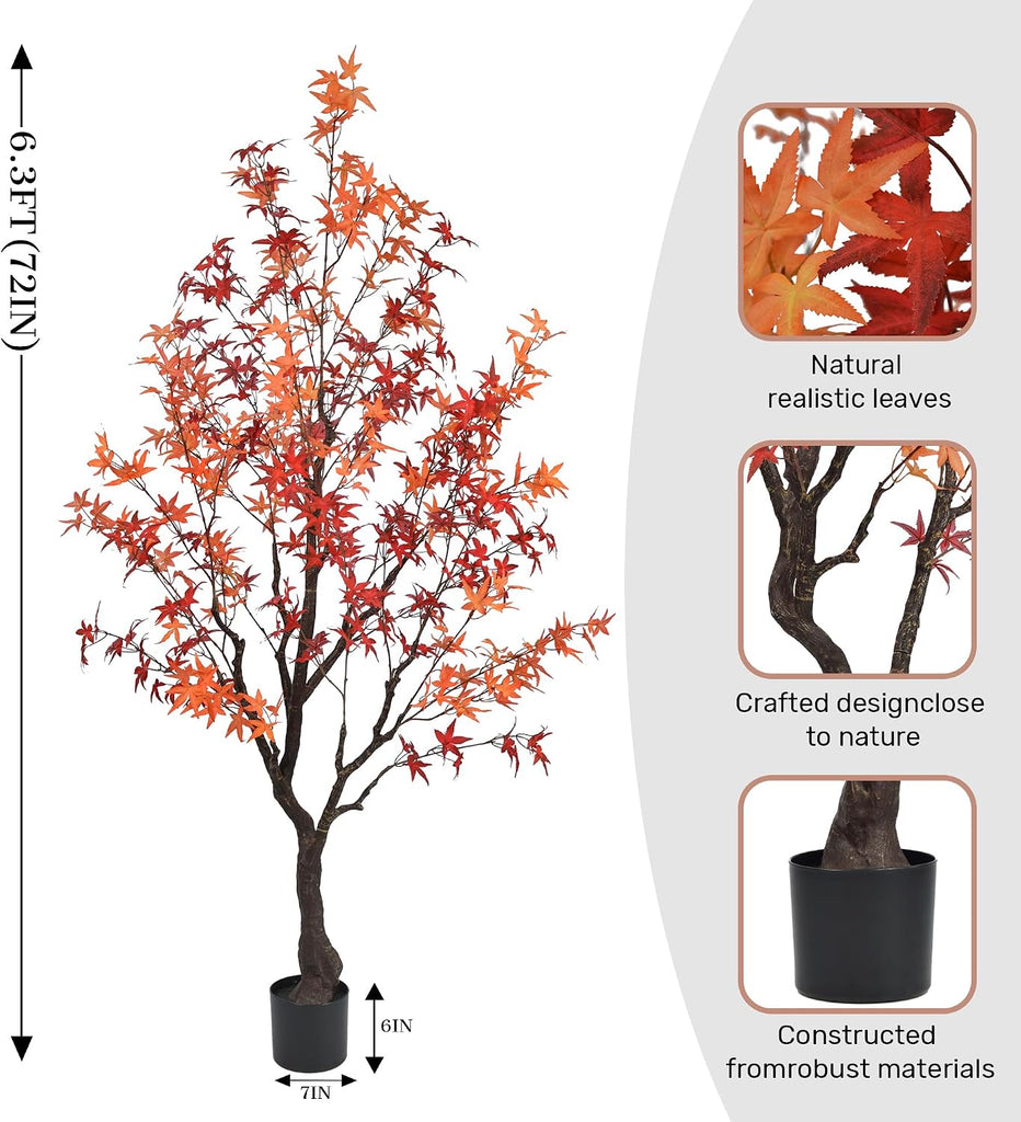 6.3ft Tall Artificial Maple Tree, Faux Maple Plant with Thick Trunk & Realistic Leaves, Potted Fake Tree for Indoor