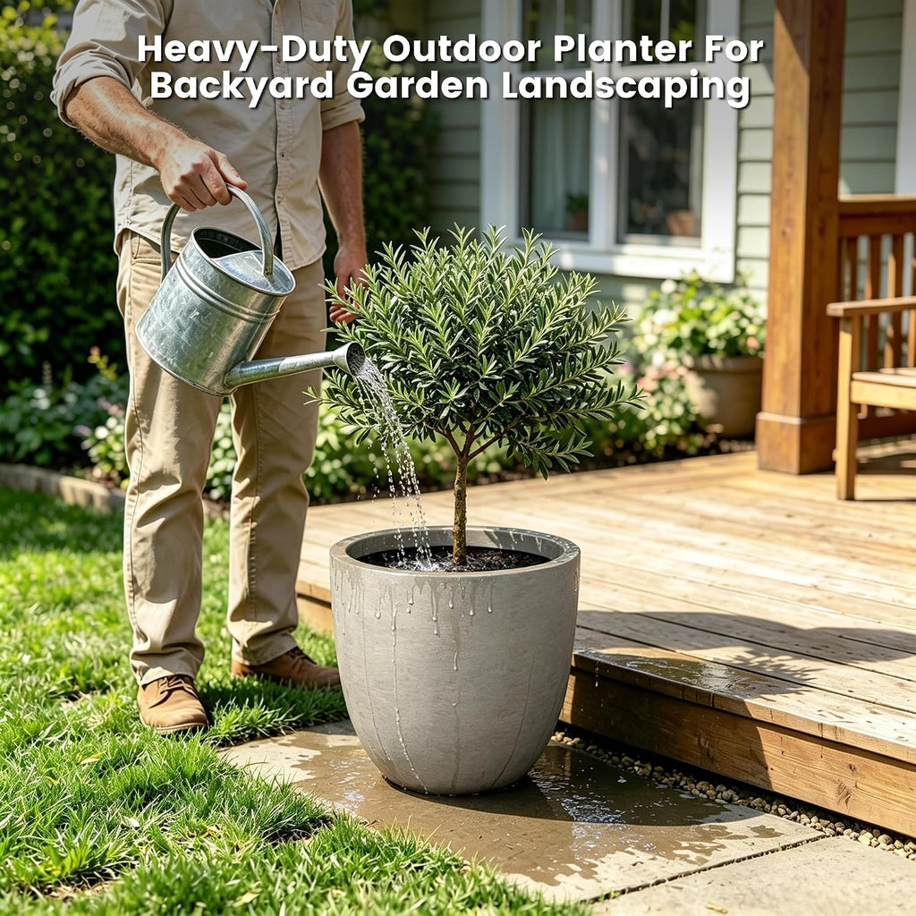 Weathered Concrete Planter 18" Dia All-Weather Round Large Pot | Handcrafted Cement Bowl, Anti-Frost & UV Outdoors