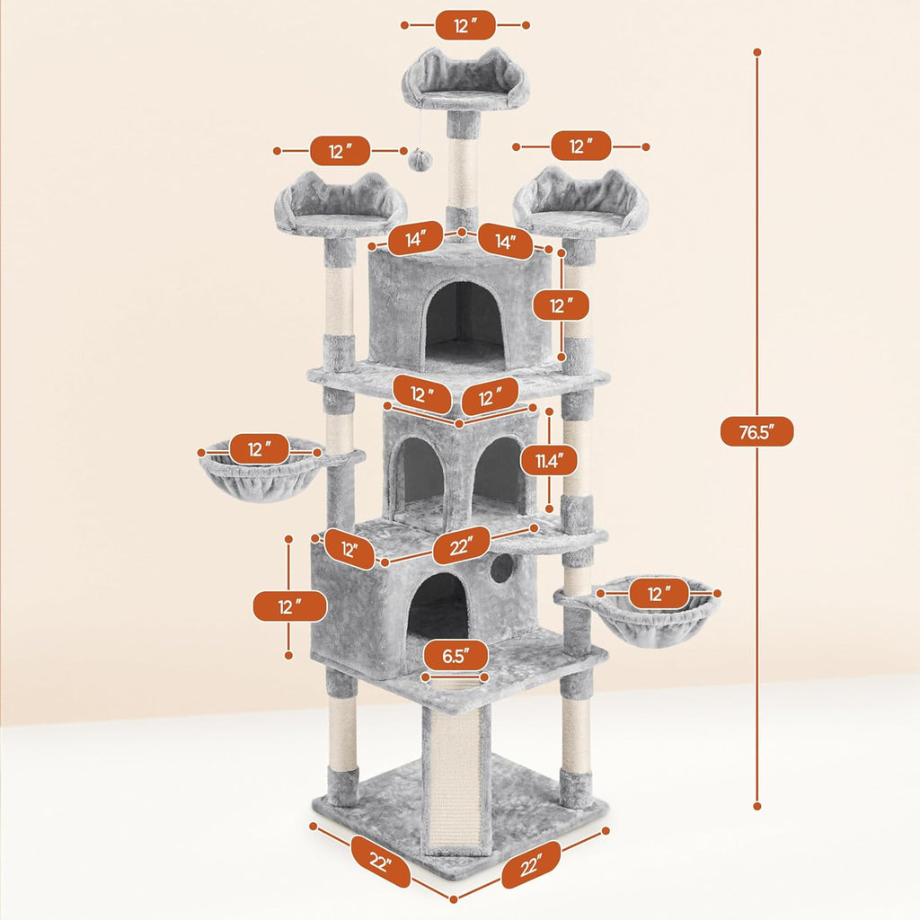 76.5in Multi-Level Large Cat Tree, Big Cat Tower with 3 Condos, Cozy Plush Perches