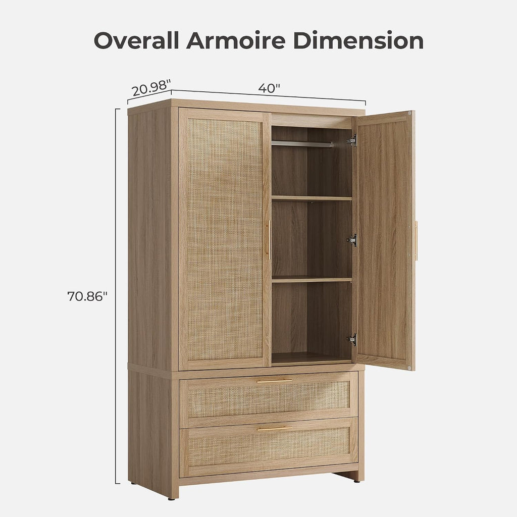 71 inch Rattan Wardrobe Closet : Armoire Wardrobe with Drawers | Farmhouse Boho Storage Cabinet with Hanging Rod