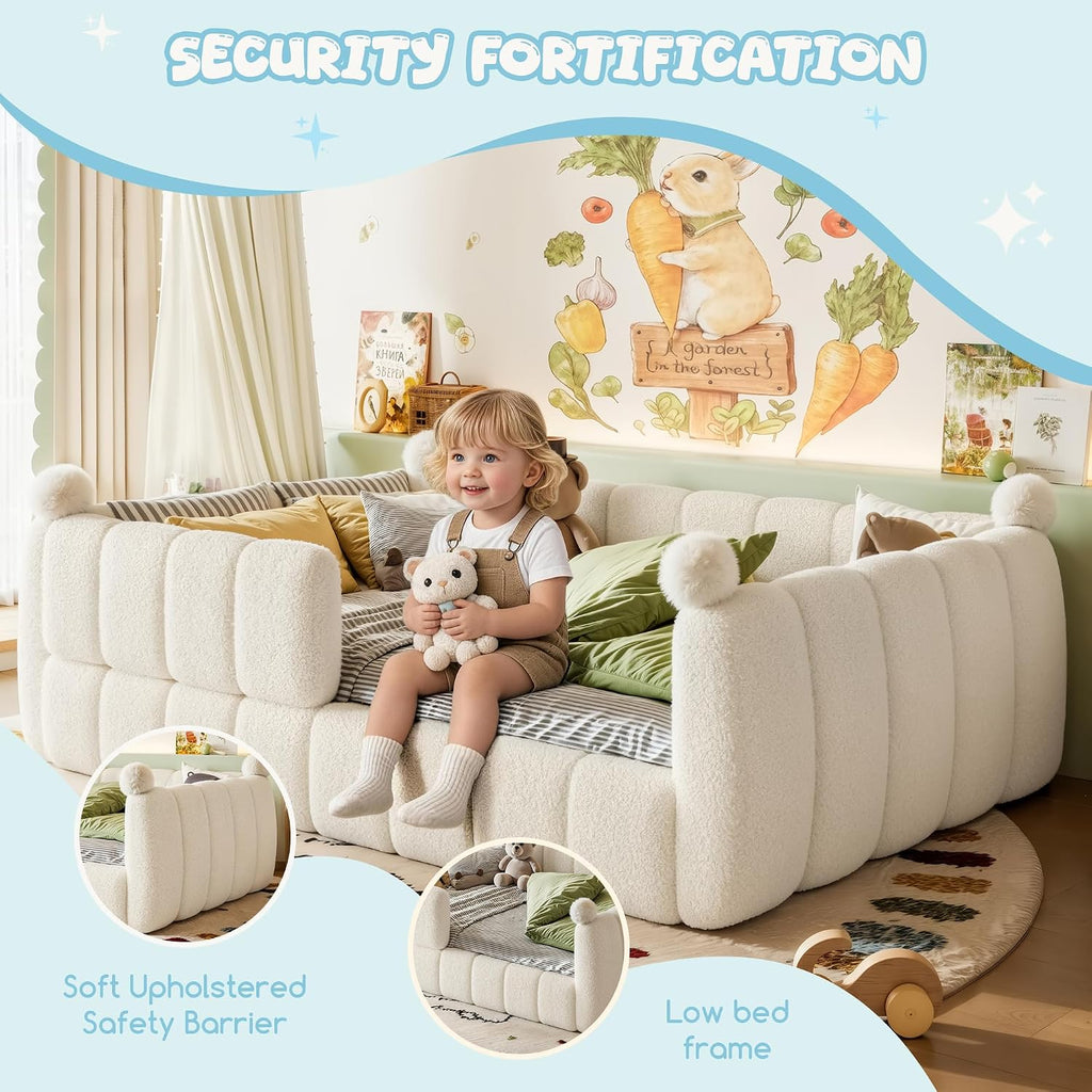 Full Size Upholstered Montessori Floor Bed Frame with Full Surround Safety Rails, for Girls & Boys, Teddy Fleece