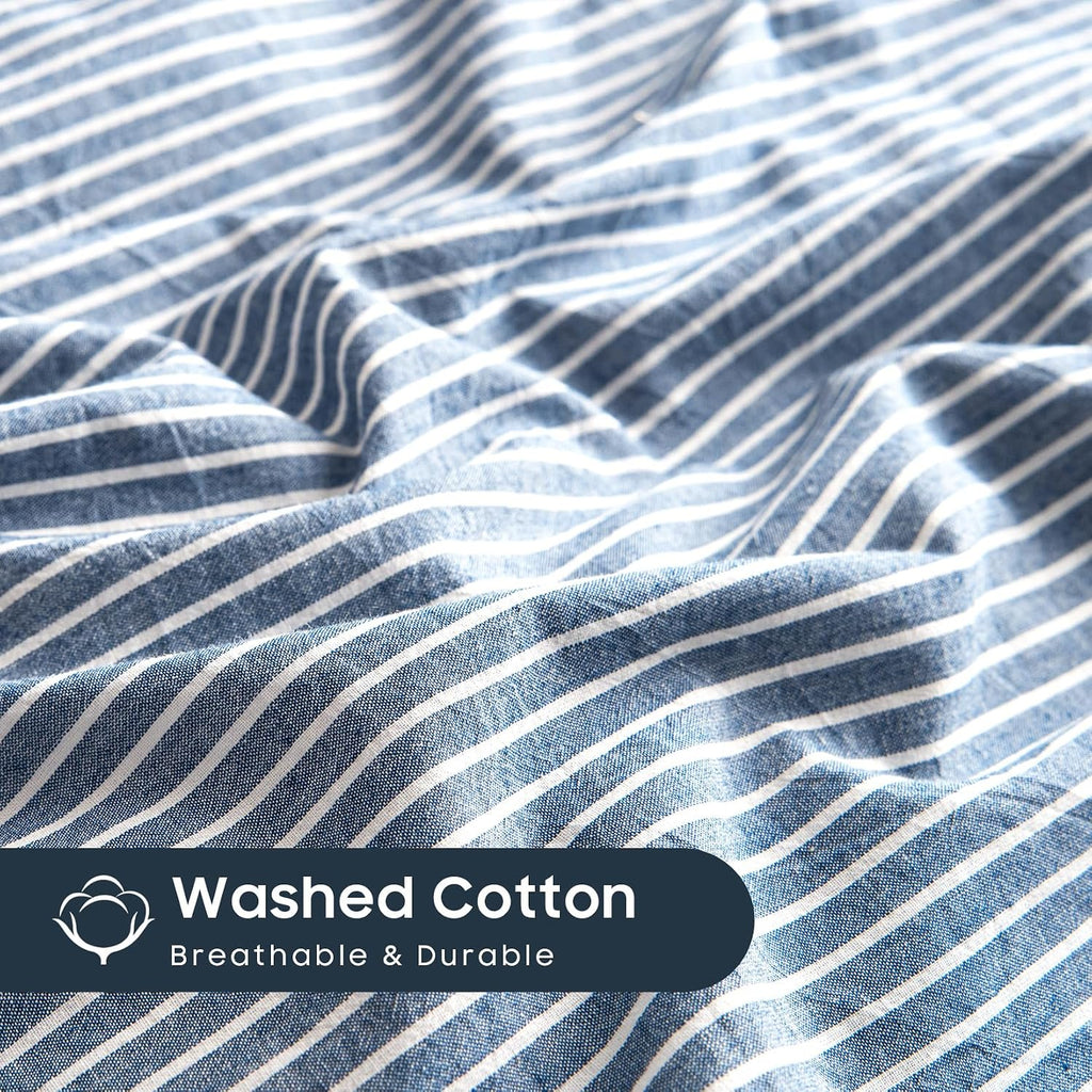 Striped Cotton Duvet Cover Set, 100% Washed Cotton Textured Bedding Set, Ticking Stripe Pinstripe Farmhouse, 3