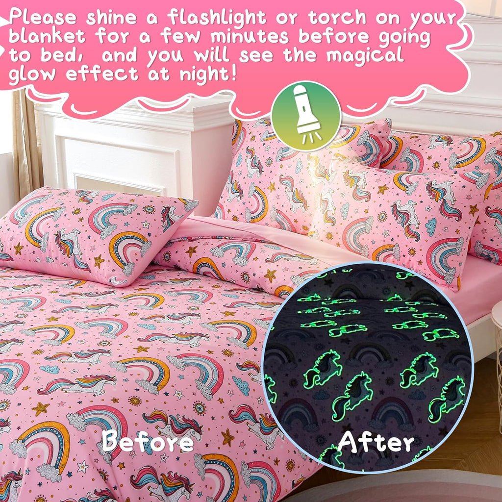 Glow in The Dark Kids Comforter Set, 3 Pieces Pink Unicorn Bedding Set for Boys Girls Teen, 1 Comforter, 1