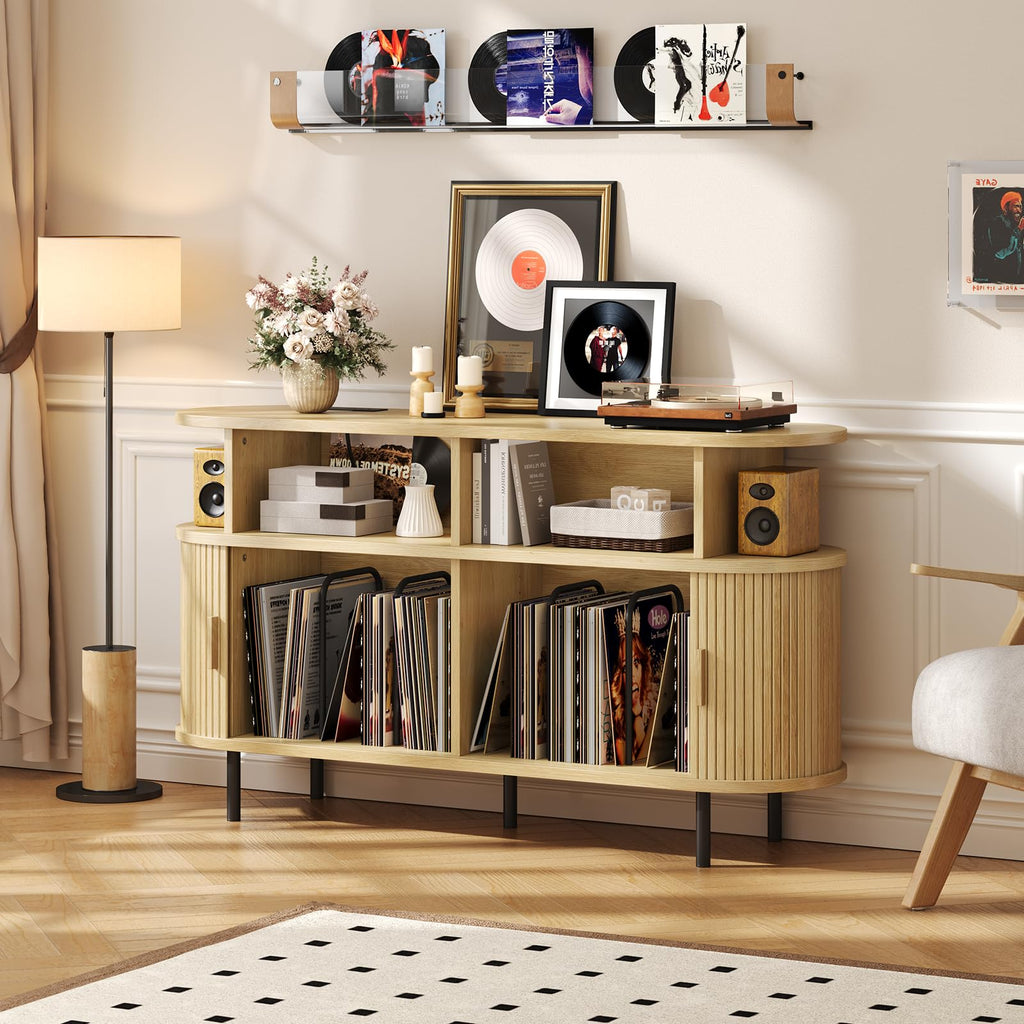 55" Large Round Record Player Stand with Charging Station, Oak
