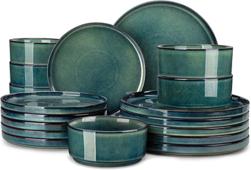 Plates and Bowls Sets for 6, 18 Pieces Green Dinnerware SetsModern Stoneware Dishes Set, Dishwasher and Microwave Safe
