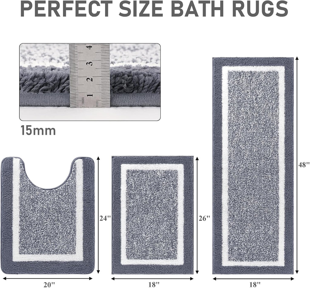 Bathroom Rugs 3 Piece Set, Non Slip Washable Bath Mat, Dark Grey | Soft Plush Microfiber, Super Absorbent Floor