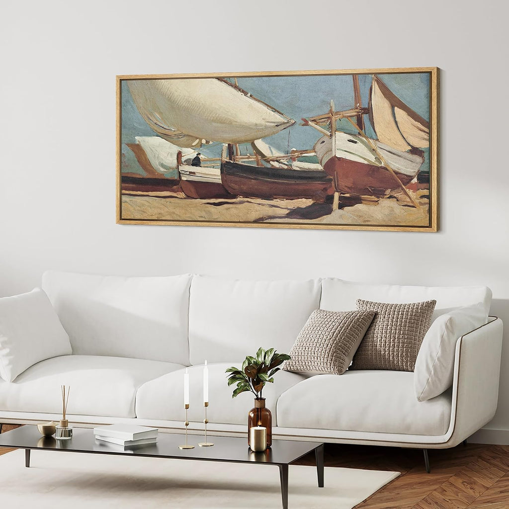Extra Large Framed Canvas Print Wall Art Vintage Nautical Scene with Sailing Boats Antique Retro Fine Art