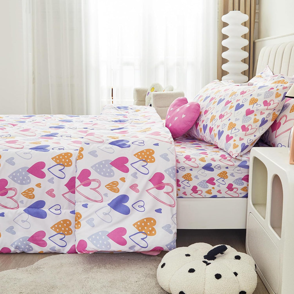 Comforter Sets for Girls Kids, 8 Pieces Bed in a Bag Pink Heart Bedding Comforter Sheet Set with Shams and