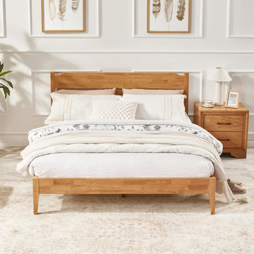 Queen Solid Wood Bed Frame with Headboard, 1100 Lbs Heavy Duty Rubberwood Platform Bed, 15-Min Tool-Free