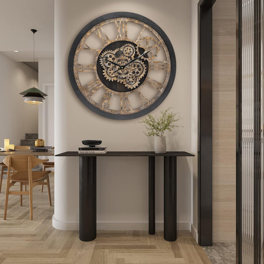 Wall Clock for Living Room Decor, Large, 24 in (60cm), Moving Gear, Farmhouse Vintage Industrial Oversized Wall Clock