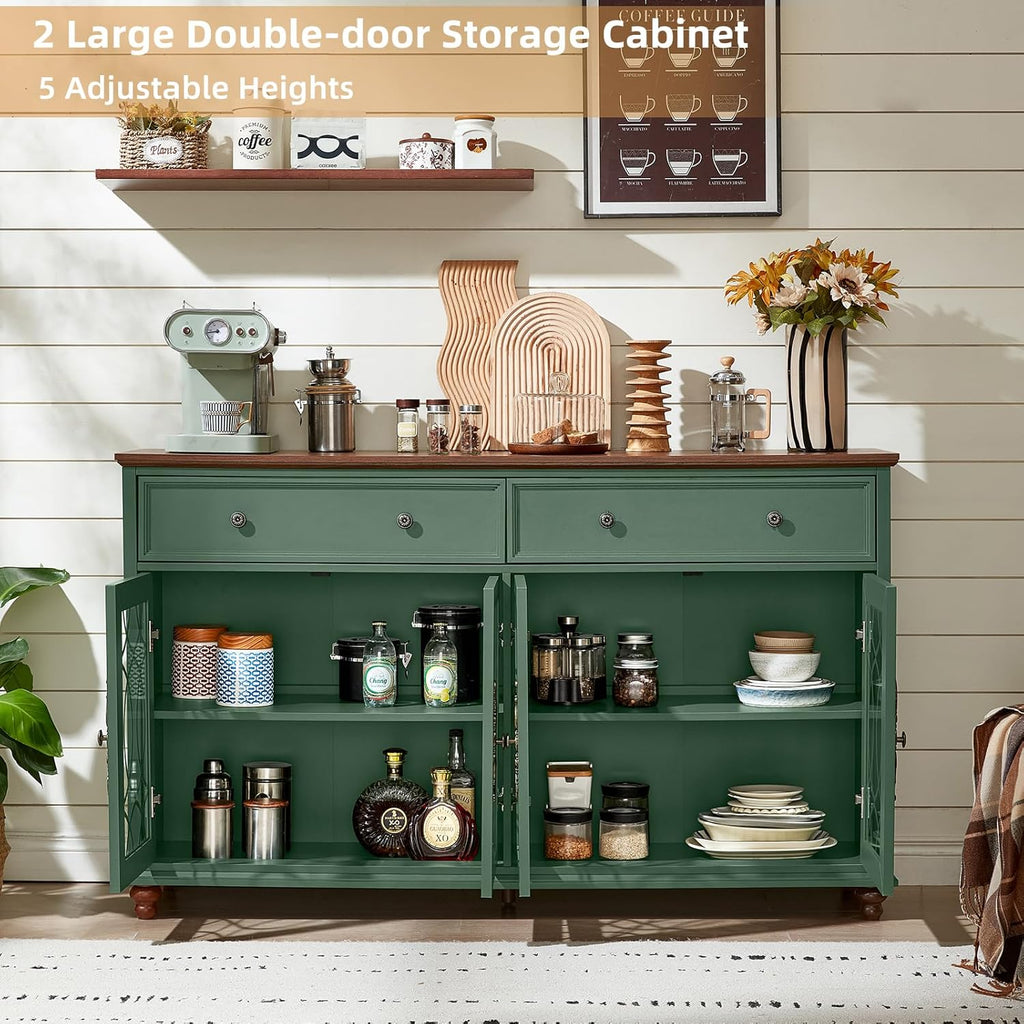 Farmhouse Sideboard Buffet Cabinet with Storage,Adjustable Shelves Console Table,59" Large Credenza with 4 Glass Doors