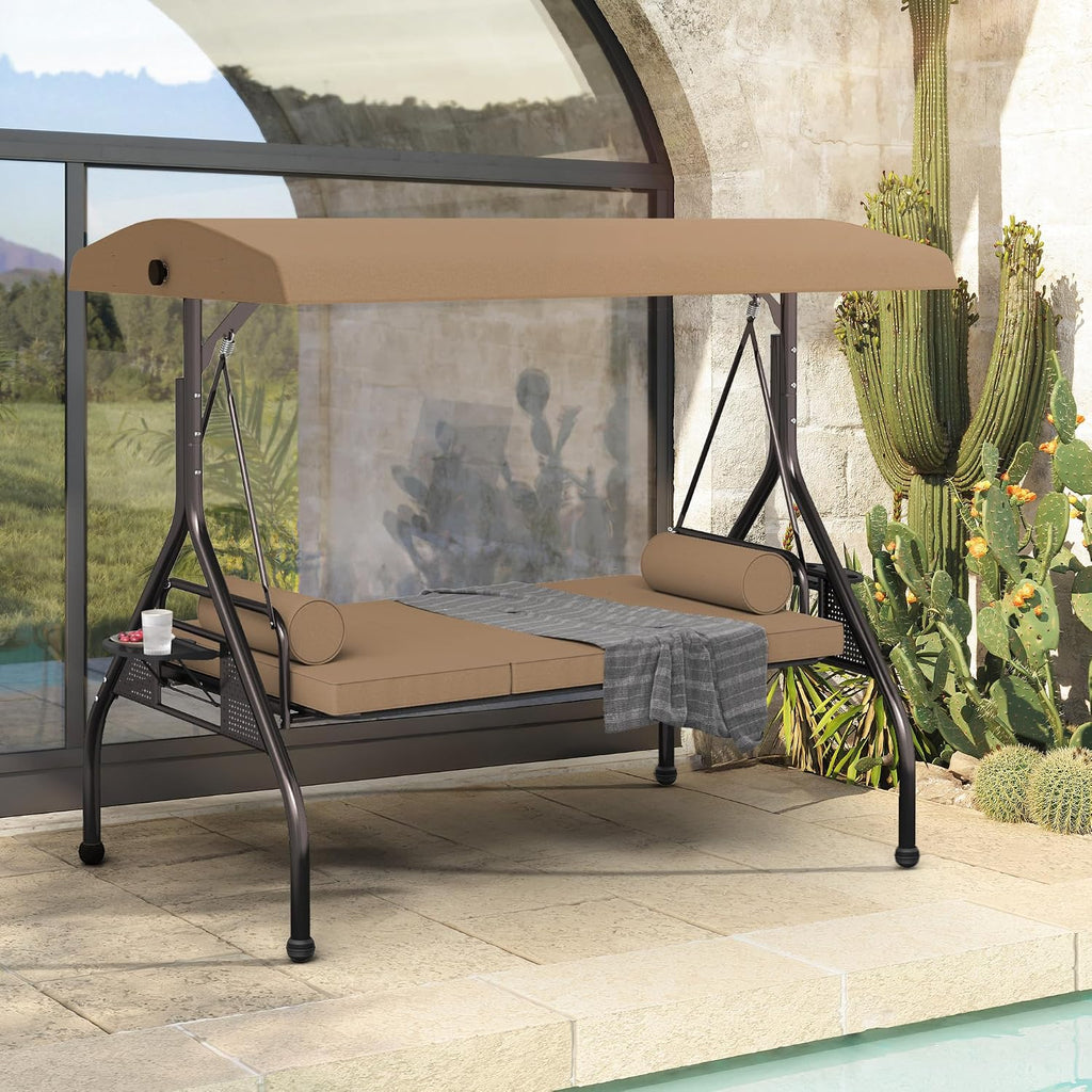 Outdoor 3 in 1 Porch Swing Chair, 3 Seat Patio Swing Glider with Adjustable Canopy, Heavy Duty Swings with Thickened