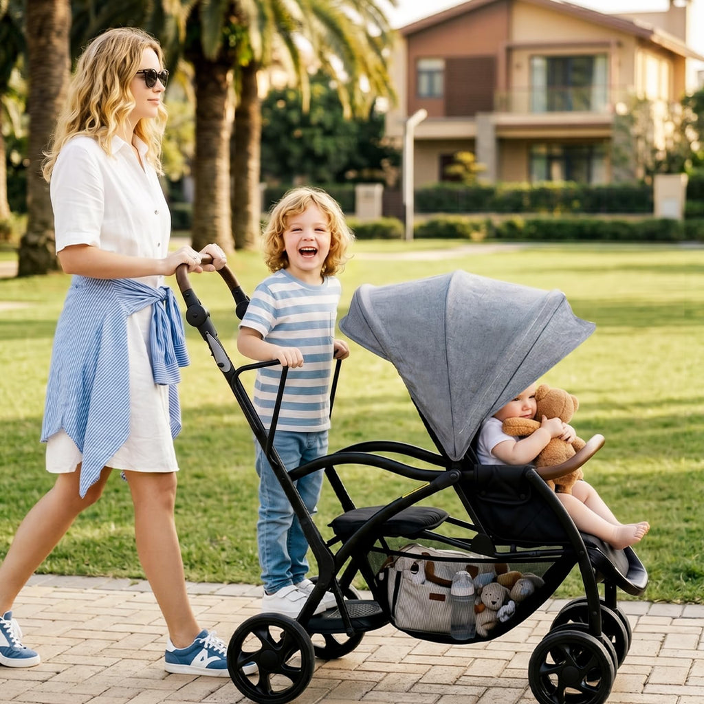 Sit and Stand Double Stroller, Foldable Tandem with Standing Platform Reclining Backrest, Adjustable Handlebar and