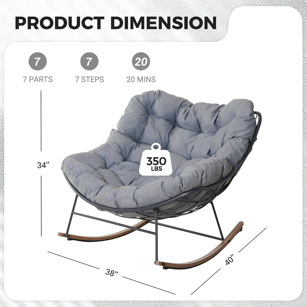 Outdoor Papasan Rocking Chair with Thick Cushion, Grey | Oversized Modern Cozy Lounge Rocker Chair Steel Frame with