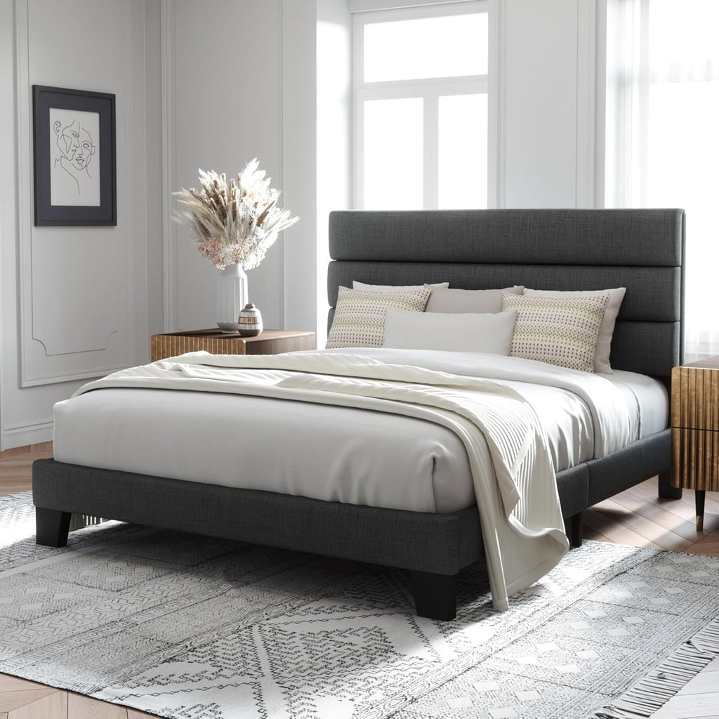 Full Platform Bed Frame with Fabric Upholstered Headboard and Wooden Slats Support