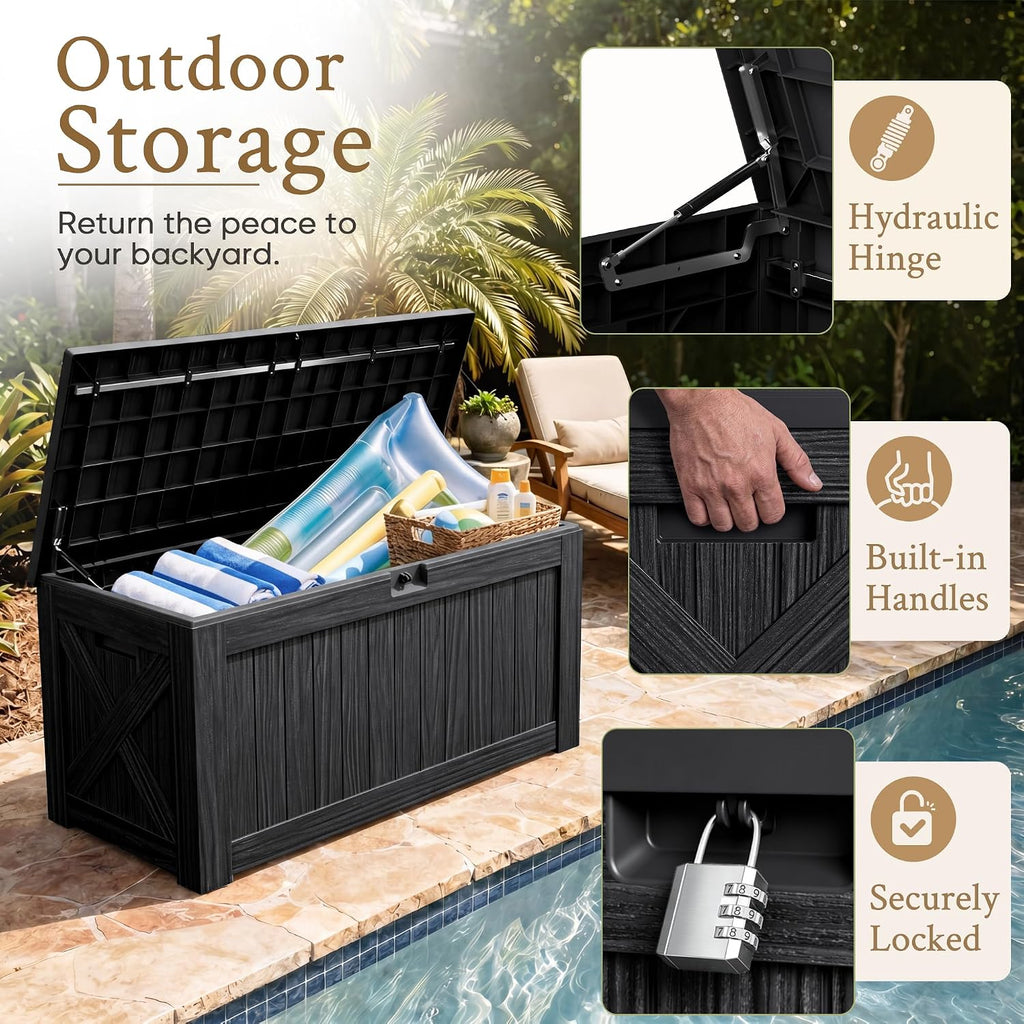 120 Gallon Deck Box Resin Outdoor Storage Box Waterproof | Large Outdoor Storage Bench Lockable for Outside Patio