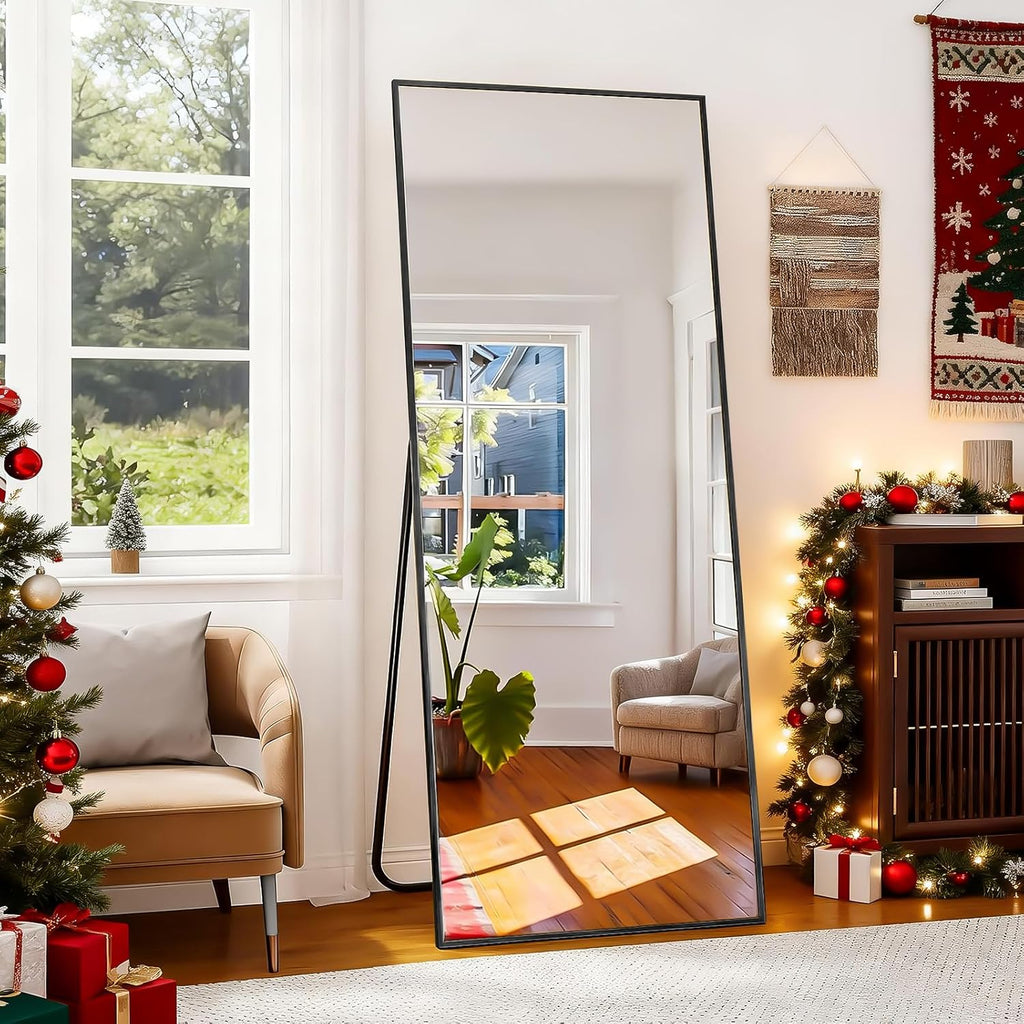 Full Length Mirror with Stand, 56"x21" Floor Mirror with Aluminum Alloy Thin Frame, ShatterVue Tempered Full Body