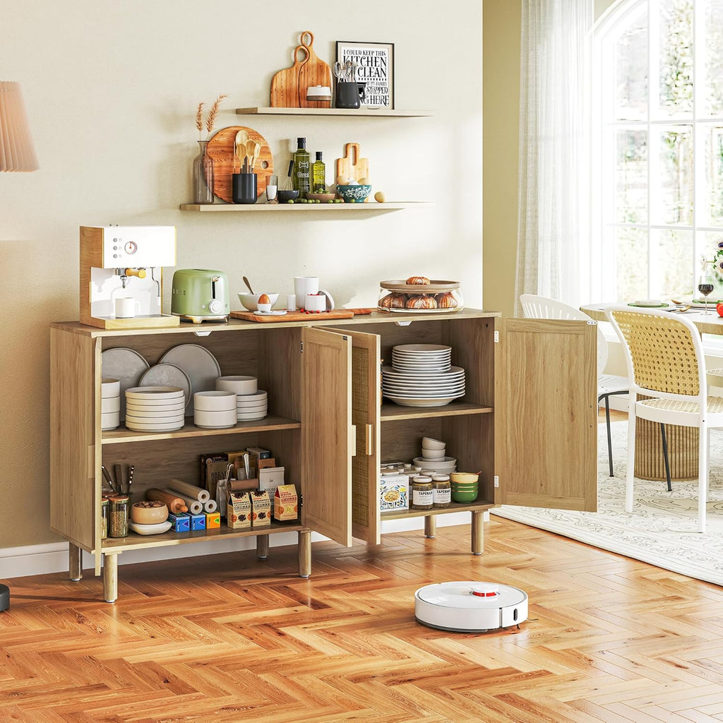 Sideboard Buffet Cabinet, 62" Boho Buffet Table, Rattan Coffee Bar Cabinet with 4 Doors and Shelves for Kitchen