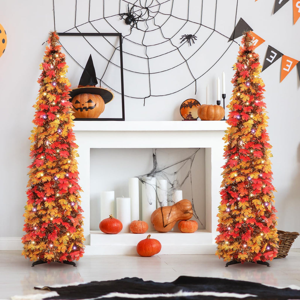 Fall Tree Home Decor, 5FT Pop Up Tree with Lights & Timer & 8 Modes, Collapsible Tinsel Pencil Tree for Autumn