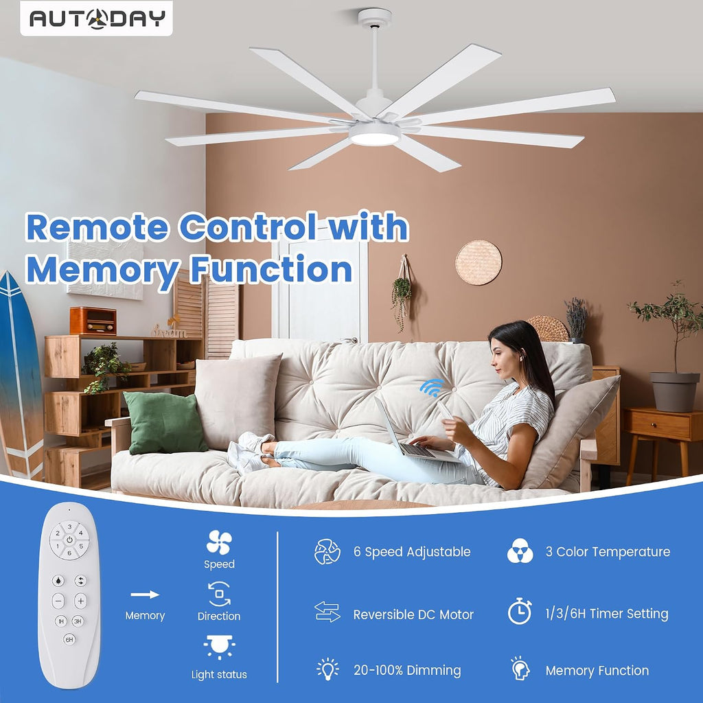 72" Ceiling Fan with LED Light and Remote - White / Light Natural Wood