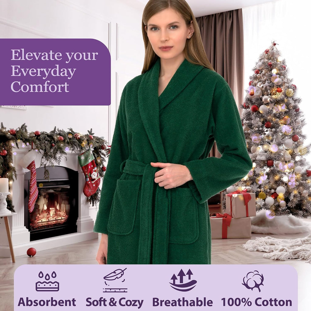 Women's Robe, 100% Cotton Short Terry Shawl Bathrobe