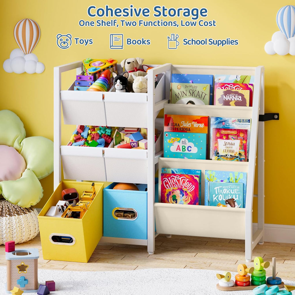 Kids Bookshelf Toy Storage Organizer, Toddler Baby Montessori | Montessori Toddler Book Rack With 3 Slings & 6 Toy