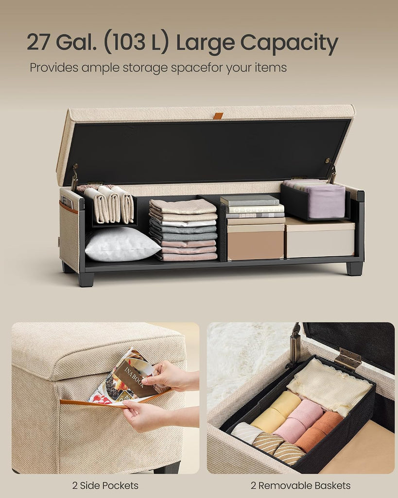 Storage Ottoman Bench, Storage Chest, 15.7 x 43.3 x 15.7 Inches, End of Bed Bench, 27 Gal. (103 L), Cappuccino Beige