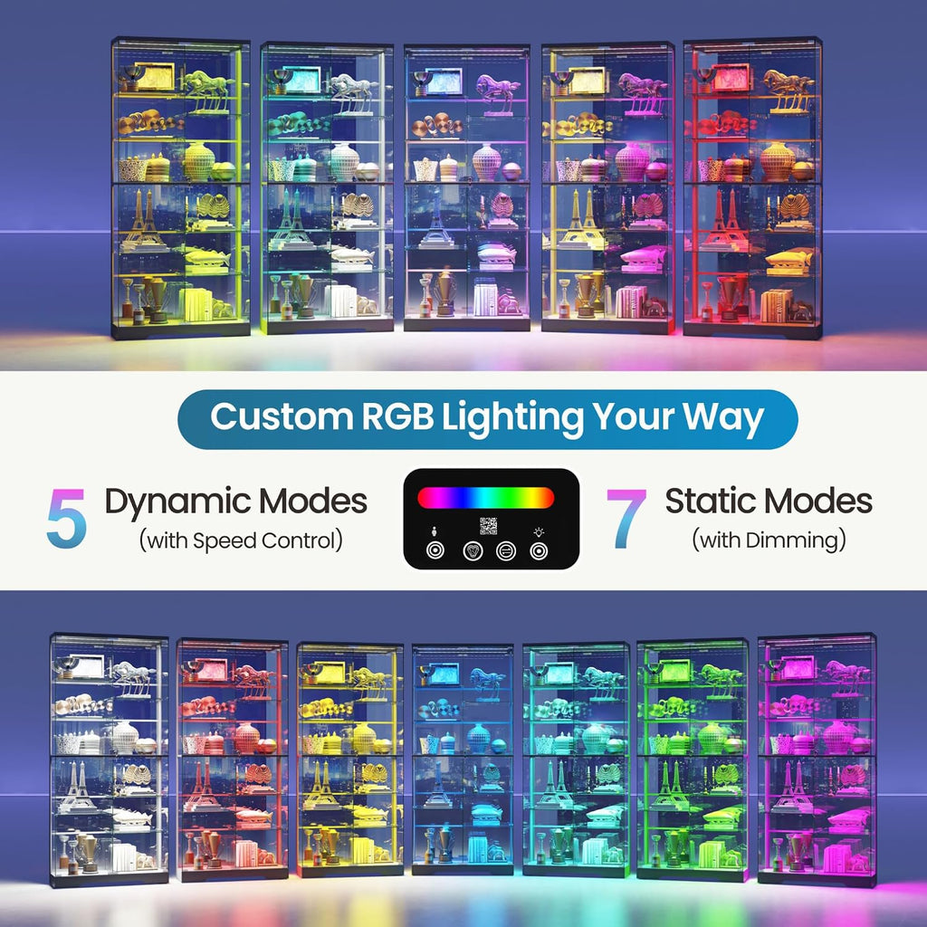 10-Tier Glass Display Cabinet with RGB Light and Motion Sensor,Black | 71''H Lockable Curio Cabinet with Glass