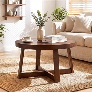 Round Coffee Table, 30" Wood Center Table, Walnut