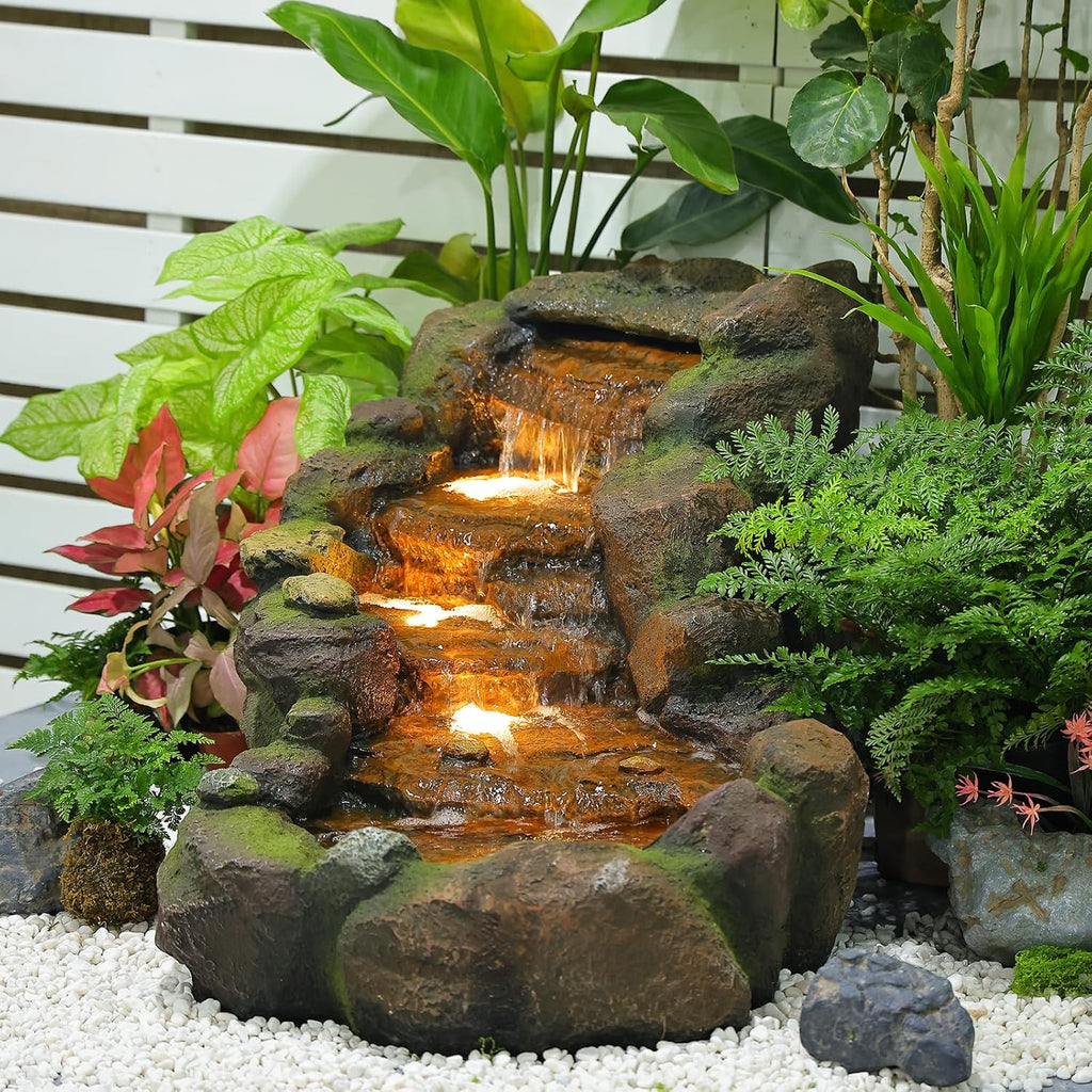 Garden Outdoor Water Fountain, 42.1" L Floor Standing Tiered Rock Outdoor Fountains with LED Lights and Pump