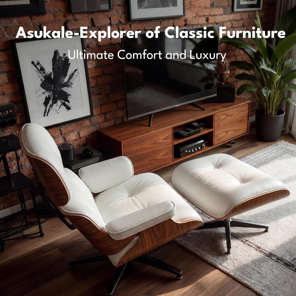 Modern Chaise Lounge Chair and Ottoman — White Leather