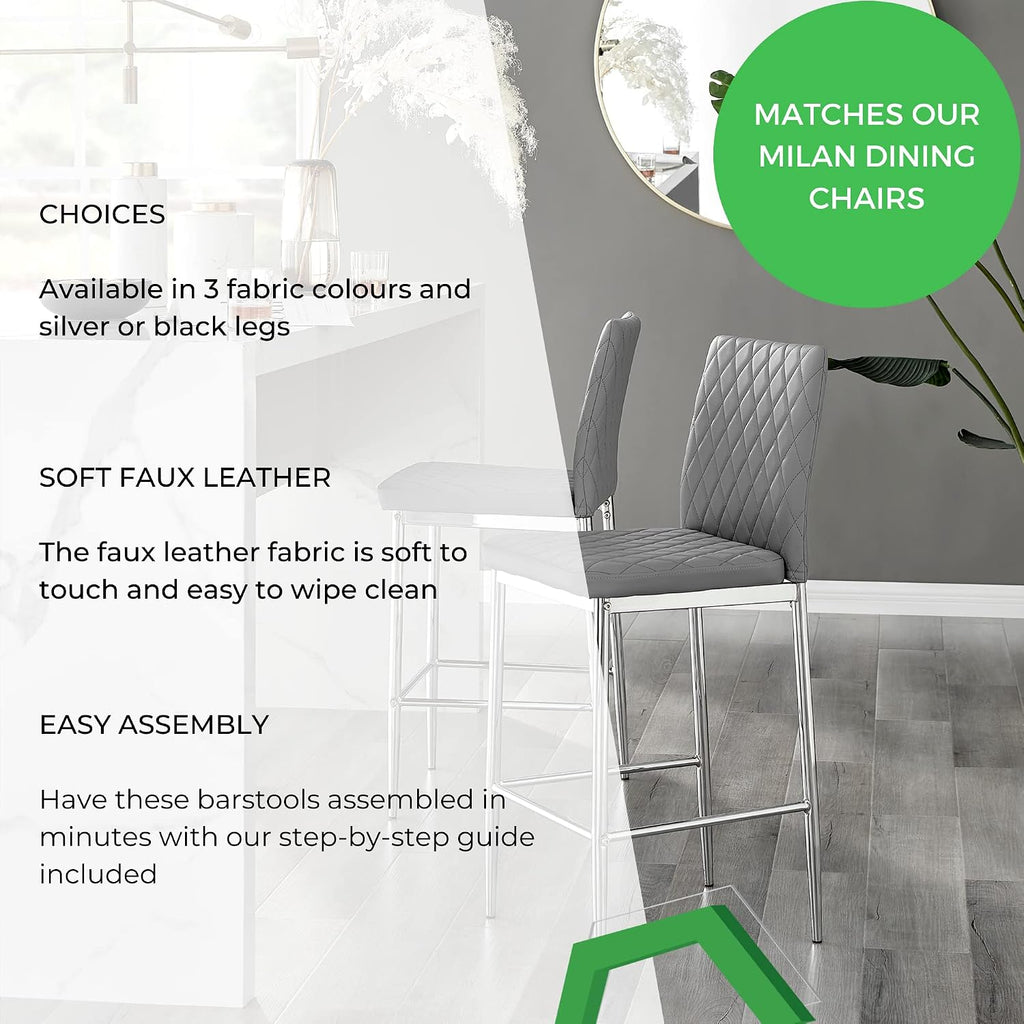 Milan Bar Stools - Contemporary Gray Soft Faux Leather Stools with Black Legs - Set of 2