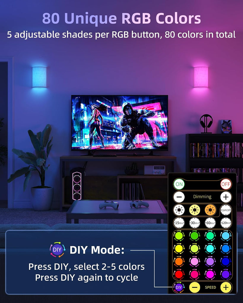 Battery Operated Wall Sconce, Rechargeable Wall Sconces Set of Two with Remote, 3 Color & 80 RGB Wireless Wall Mount