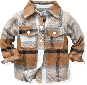 Toddler Boys' Girls' Flannel Plaid Shirt Button Down Long Sleeve Jacket Lapel Shacket Coat Tops Casual Outwear