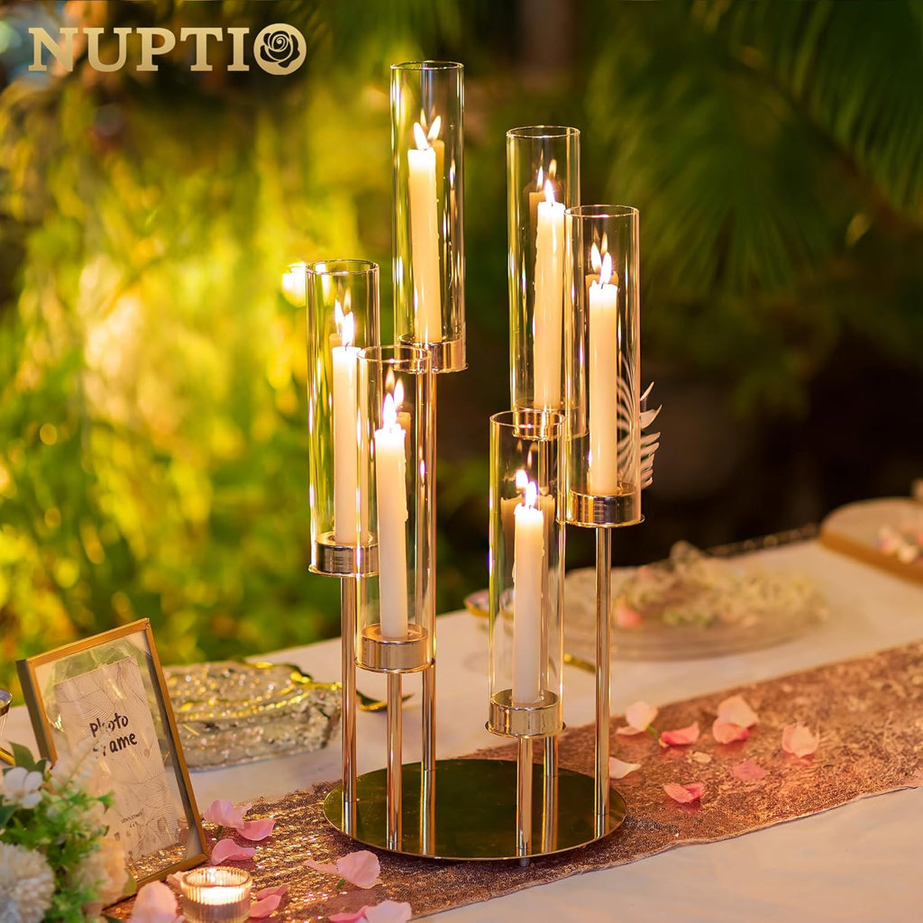 Hurricane Glass Candle Holders: 6 Arms Gold Metal Candlestick Candelabra with Removable Clear Cylinder Sleeve 24 inch