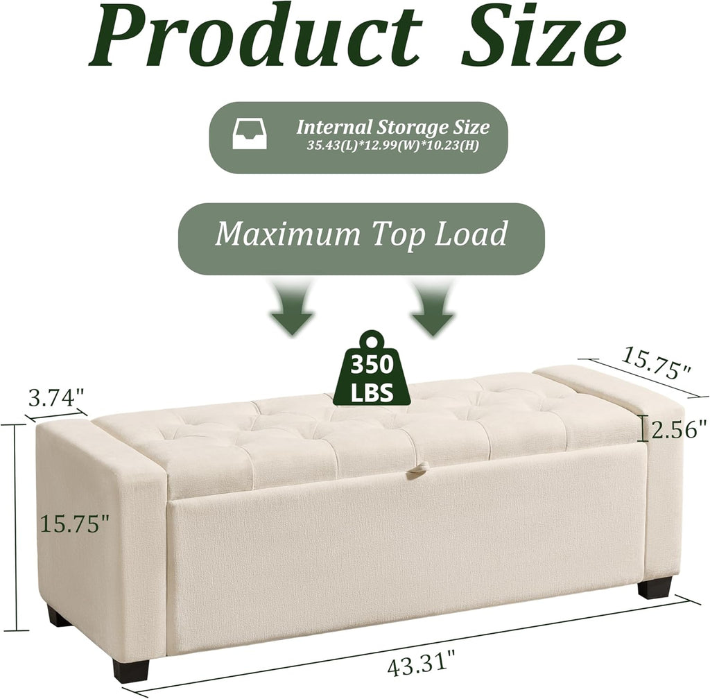 Ottoman with Storage,Tufted Storage Bench with Safety Hinge,Holds up to 350 lb,Upholstered Bench with Seating ,Linen