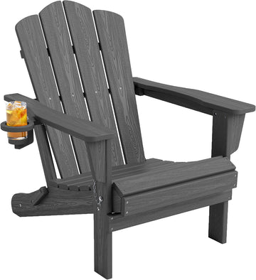 Folding Adirondack Chair with Cup Holder, Grey | HDPE All-Weather Patio Chairs, Wooden Textured Lawn Chair for