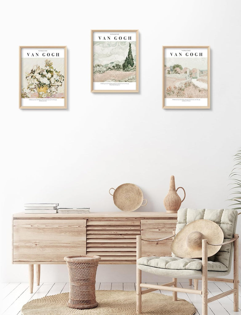 Van Gogh High Framed Wall Art Set of 3, 12x16in Neutral Floral Canvas Prints, Abstract Landscape Artwork Bedroom