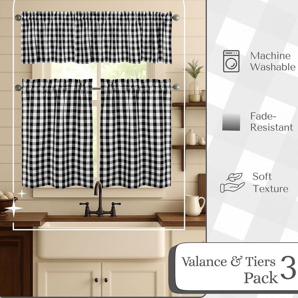 Black & White 3 Piece Gingham Tier and Valance Set - Semi Sheer Window Curtain 2 Tiers 26"x36" & 54"x18" Valance, Rod