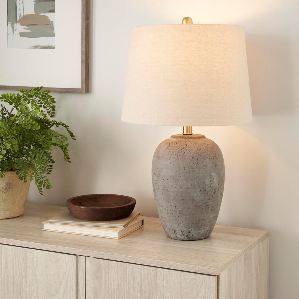 Home 23" Greyish Brown Earth Tone Rustic Farmhouse Ceramic Table Lamp, Dining, Office, with Beige Linen Shade