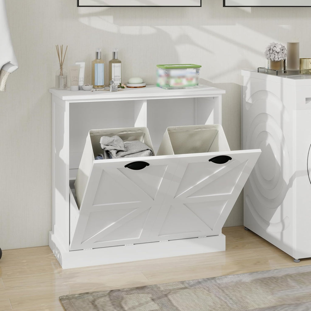 Laundry Hamper Cabinet with Removable Basket, Double Tilt Out Laundry Hamper, Wood Bathroom Storage, Free Standing