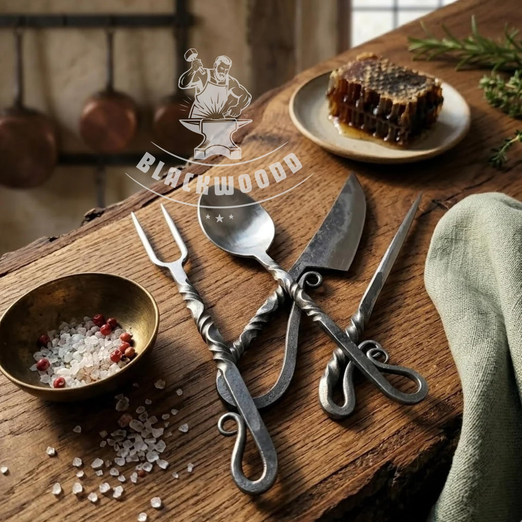 Hand Forged Medieval Cutlery Set - Viking Silverware Set with Leather Cover