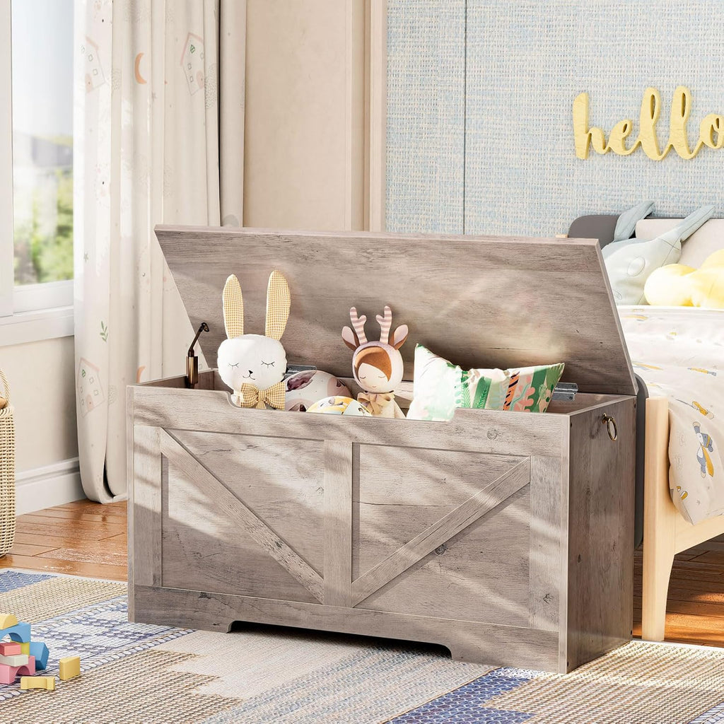 Storage Bench, 39.4" Retro Wooden Storage Chest with U-Shaped Cut-Out Pull, Safety Hinge, Supports 220 lb and Easy